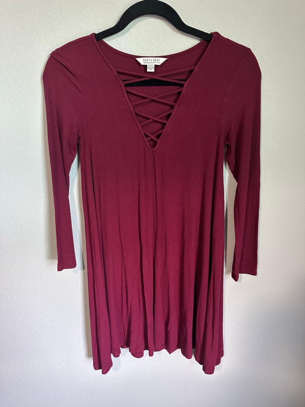 American Eagle Soft & Sexy Maroon Ribbed Lace-Up Swing Dress Long Sleeve Small